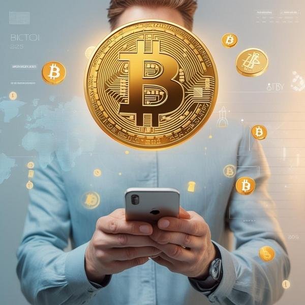 Curious man holding phone with floating Bitcoin logo, tech-style in content image for Bitcoin for beginners